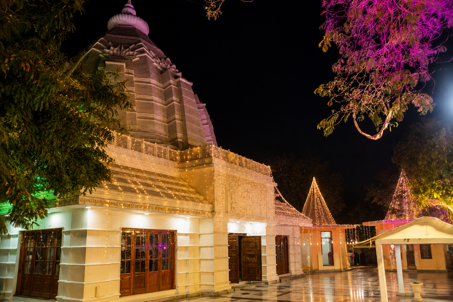 Sri Sri Radha Govind Dham lit up in the evening